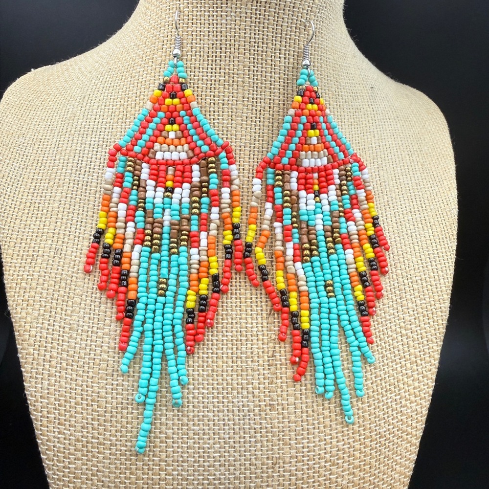 Boho Seed Bead Fringe Earrings Geometric Tribal Turquoise Red Orange Statement